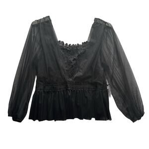 Witchy Whimsigoth Boho Black Tulle Peplum Top Sheer Sleeve Boho 3XL Haute Monde